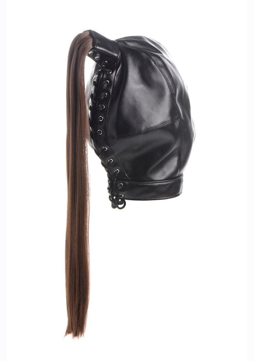 Load image 1 in gallery view. Strict Brunette Ponytail Bondage Hood - Black