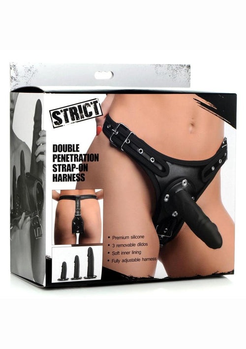 Load image 1 in gallery view. Strict Double Penetration Strap-On Harness with Silicone Dildos - Black - 3 Pack