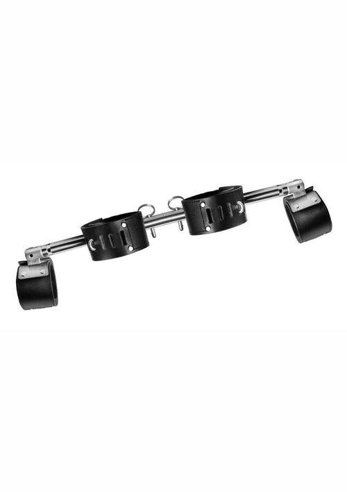 Load image 1 in gallery view. Strict Leather Adjustable Swiveling Spreader Bar with Leather Cuffs - Black/Silver