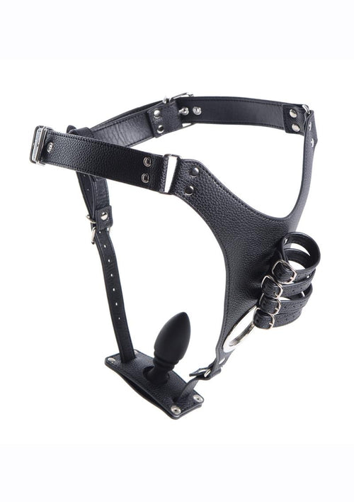 Load image 1 in gallery view. Strict Male Chastity Harness with Silicone Anal Plug - Black