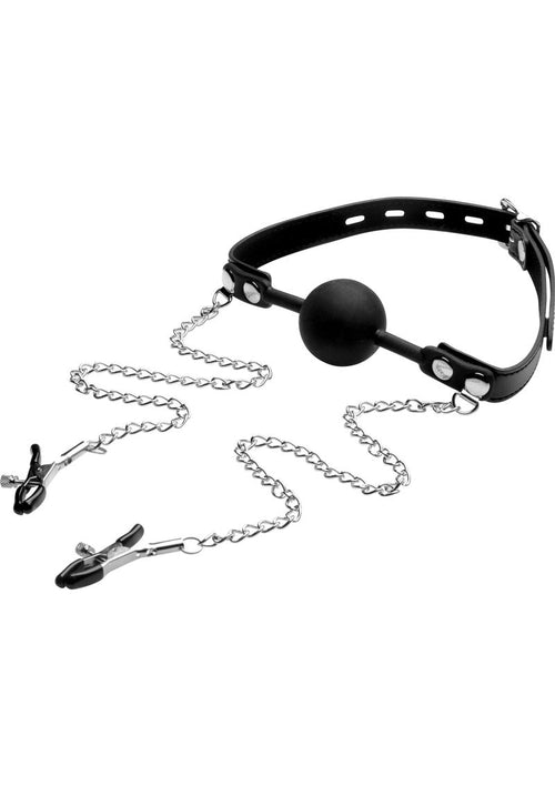 Load image 1 in gallery view. Strict Silicone Ball Gag with Nipple Clamps - Black