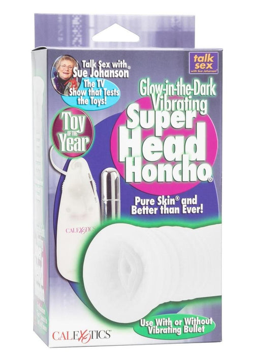 Load image 1 in gallery view. Sue Johanson Glow In The Dark Vibrating Super Head Honcho Masturbator - Glow In The Dark/White