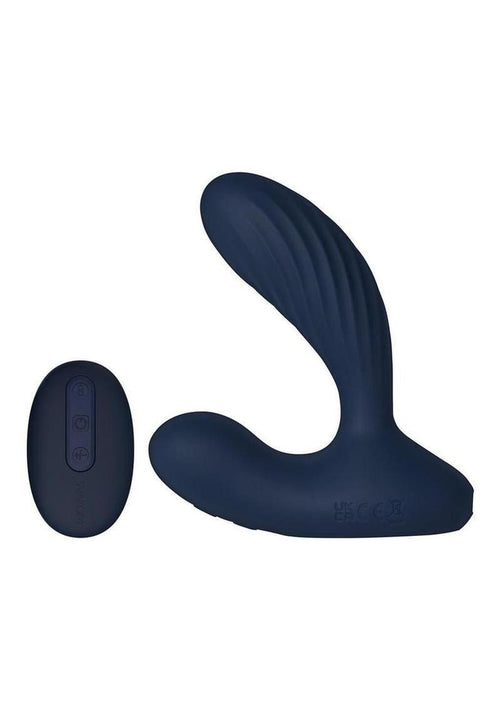 Load image 1 in gallery view. Svakom Vick Neo 2 App Compatible Rechargeable Silicone Warming Dual Stimulating Prostate Vibrator with Remote Control - Blue/Gold/Navy Blue