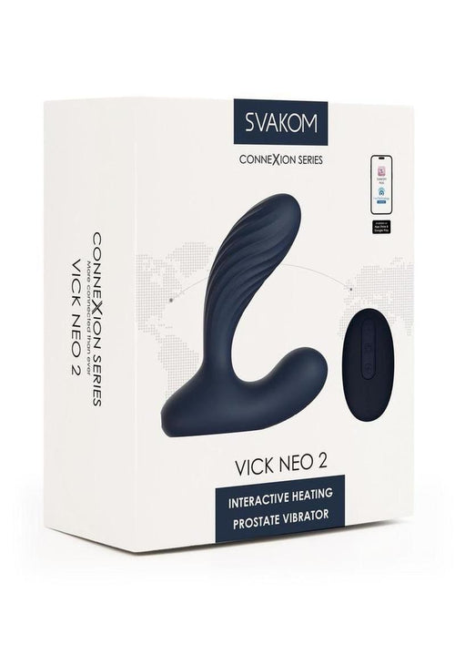 Load image 1 in gallery view. Svakom Vick Neo 2 App Compatible Rechargeable Silicone Warming Dual Stimulating Prostate Vibrator with Remote Control - Blue/Gold/Navy Blue