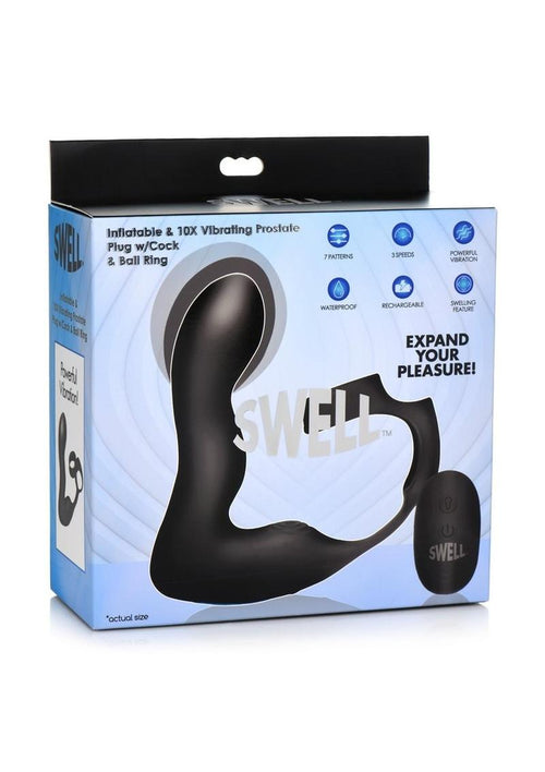 Load image 1 in gallery view. Swell Rechargeable Silicone Inflatable 10x Vibrating Prostate Plug with Cock and Ball Ring and Remote Control - Black