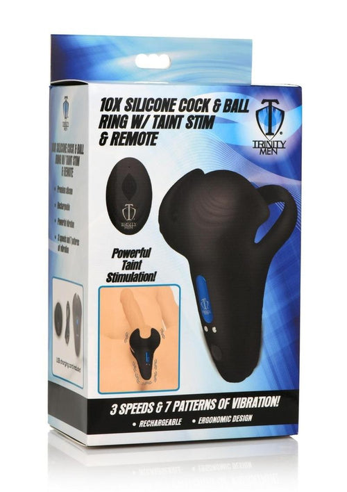 Load image 1 in gallery view. Trinity Men 10x Silicone Cock and Ball Ring with Taint Stim and Remote Control - Black