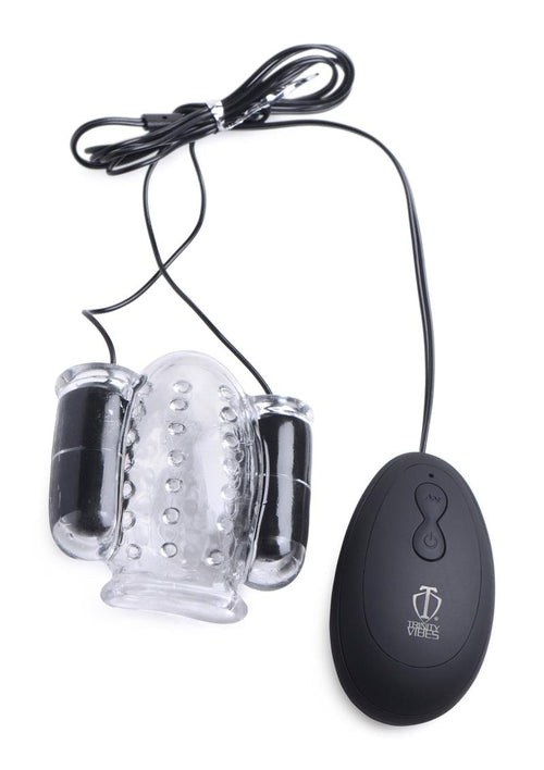 Load image 1 in gallery view. Trinity Men Twin Bullet Penis Head Teaser with Remote Control - Clear