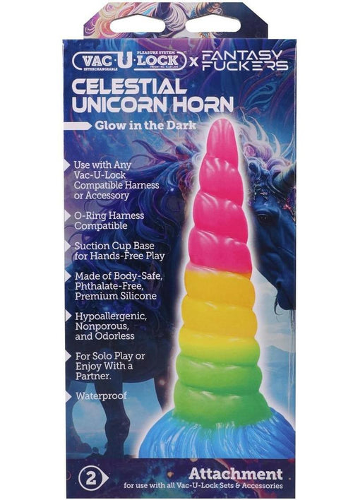 Load image 1 in gallery view. Vac-U-Lock Fantasy Fuckers Celestial Unicorn Horn Glow In The Dark Silicone Dildo - Glow In The Dark/Multicolor