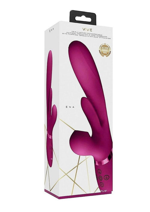 Load image 1 in gallery view. Vive Ena Rechargeable Silicone Triple Motor Thrusting G-Spot with Flapper and Air Wave Clit Stimulation Vibrator - Pink