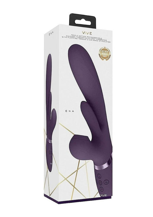 Load image 1 in gallery view. Vive Ena Rechargeable Silicone Triple Motor Thrusting G-Spot with Flapper and Air Wave Clit Stimulation Vibrator - Purple