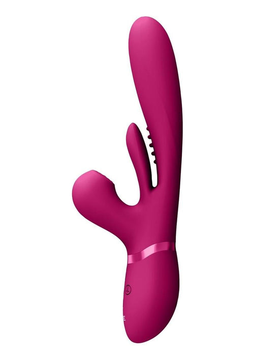 Load image 1 in gallery view. Vive Kura Rechargeable Silicone Triple Motor Thrusting G-Spot with Flapper and Air Wave Clit Stimulation Vibrator - Pink