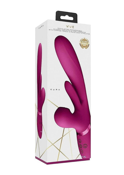 Load image 1 in gallery view. Vive Kura Rechargeable Silicone Triple Motor Thrusting G-Spot with Flapper and Air Wave Clit Stimulation Vibrator - Pink