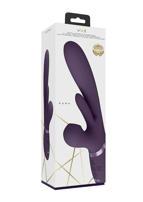 Load image 1 in gallery view. Vive Kura Rechargeable Silicone Triple Motor Thrusting G-Spot with Flapper and Air Wave Clit Stimulation Vibrator - Purple