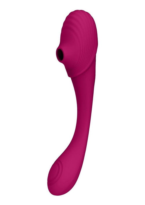 Load image 1 in gallery view. Vive Mirai Rechargeable Silicone Dual Motor Double Ended Bendable Pulse and Air Wave Vibrator - Pink