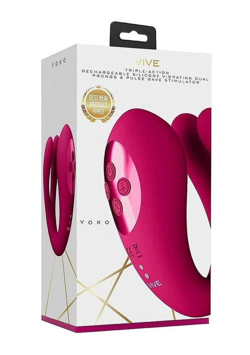 Load image 1 in gallery view. Vive Yoko Rechargeable Silicone Tripe Motor Dual Prongs with Clitoral Pulse Wave Vibrator - Pink
