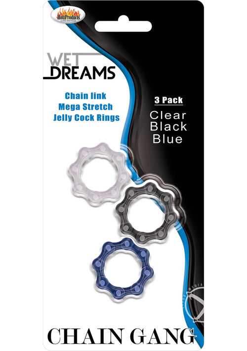 Load image 1 in gallery view. Wet Dreams Chain Gang Cock Rings - Assorted Colors/Black/Blue/Clear - 3 Each Per Pack