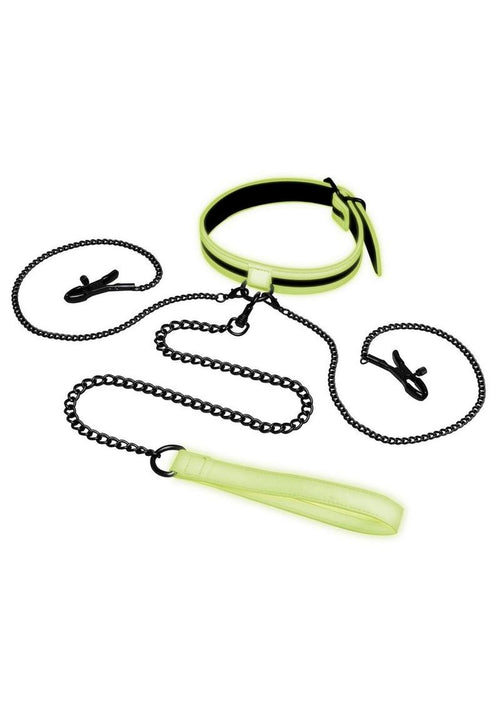 Load image 1 in gallery view. WhipSmart Glow In The Dark Collar with Nipple Clips and Leash - Glow In The Dark/Green