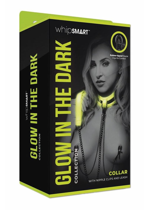 Load image 1 in gallery view. WhipSmart Glow In The Dark Collar with Nipple Clips and Leash - Glow In The Dark/Green