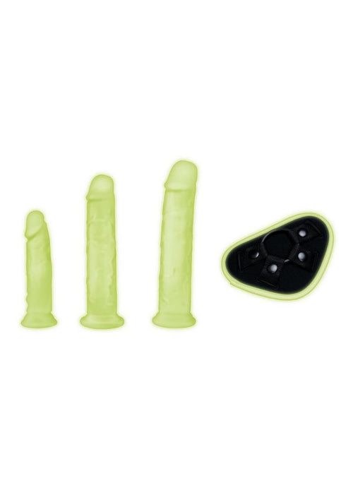 Load image 1 in gallery view. WhipSmart Glow In The Dark Pegging Kit with 6in, 8in and 9in Silicone Dildos - Glow In The Dark/Green - 4 Piece