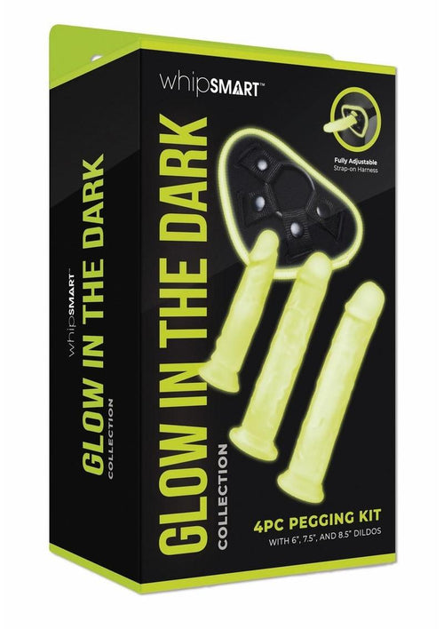 Load image 1 in gallery view. WhipSmart Glow In The Dark Pegging Kit with 6in, 8in and 9in Silicone Dildos - Glow In The Dark/Green - 4 Piece