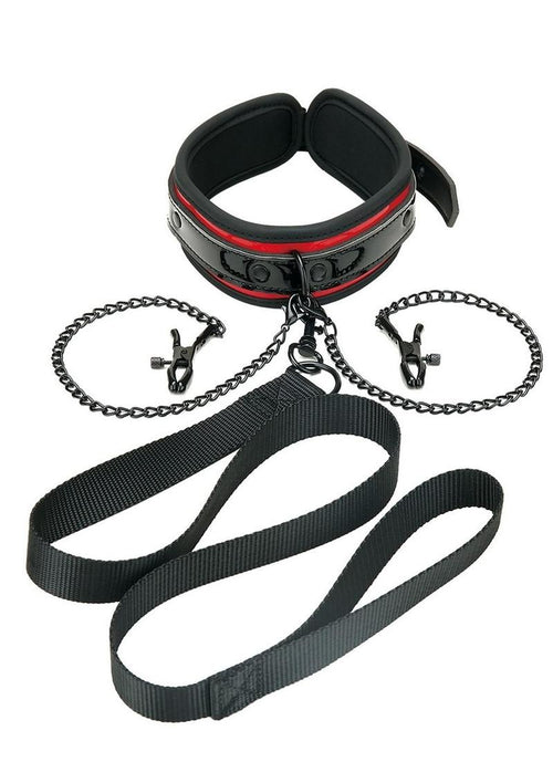 Load image 1 in gallery view. WhipSmart Heartbreakers Deluxe Collar, Nipple Clips, Leash - Black/Red - Set