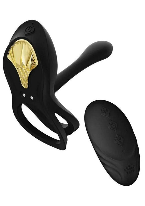 Load image 1 in gallery view. Zalo Bayek Rechargeable Silicone App Compatible Vibrating Couples Ring - Black/Gold