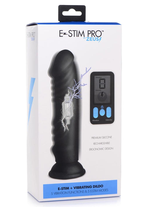 Load image 1 in gallery view. Zeus Vibrating and E-Stim Rechargeable Silicone Dildo with Remote Control - Black - 7.9in